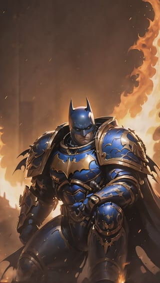 (8k uhd, masterpiece, best quality, high quality, absurdres, ultra-detailed, centralized, full-body_portrait))), (((batman suit))), drawn  (in the style of warhammer 40K), (((1boy))), looking_at_viewer, (((glowing_eyes))) ,dynamic lighting, anatomically_correct,  complex_background, horrific scene, fire, blood, corpses, broken machine's parts.,scifi,Knight armor