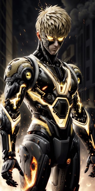 ((masterpiece, best quality)), (((Genos))), One Punch Man, Cyborg, (((glowing yellow iris))), black_pupils, blond_hair, calm, collected, artificial skins,  robotic arms,  sleeveless_shirt, toned_male, muscular_body,  tall, metal details, background of buildings Tokyo Japan, light flashes, fire explosion, mix of fantastic and realistic elements, uhd image, vibrant artwork,,GENOS   ,scifi,1girl锛� roujinzhi,worldoffire