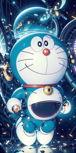(8k uhd, masterpiece, best quality, high quality, absurdres, ultra-detailed, detailed background, centralized, full-body portrait), ((Doraemon)), 1boy, humanoid cat robot, blue, spherical hands and feet,  kind hearted, a little bit of naive.  Looking at the camera, smiling. Robotic body, titanium alloys, gears, cogs, cables. Night time. Summer, fireflies background, Detailed background, dynamic lighting, intricate details, anatomically_correct, proportional_body-ratio, 
 cinematic.,firefliesfireflies,neotech