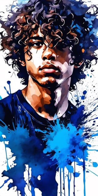 (((16K, aesthetic-masterpiece, best quality, very_high_resolution, perfectly_detailed, artistic-masterpiece, centralized))), 1boy, silhouettes,  Waist-up portrait,  messy curly hair, clean shaved face, double_exposure, skyscrapers, blue hue, white background, paint splash. Ink. 