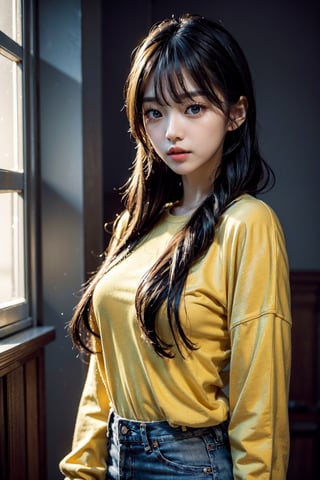 (masterpiece, top quality, best quality, official art, beautiful and aesthetic:1.2), hdr, high contrast, wideshot, 1girl, very long black hair with bangs, looking at viewer, clearly brown eyes, longfade eyebrow, soft make up, ombre lips, (cheerfull act), frosty, yellow top clothes, blue jeans, (kpop clothing theme:1.5),  finger detailed, background detailed, ambient lighting, extreme detailed, cinematic shot, realistic ilustration, (soothing tones:1.3), (hyperdetailed:1.2),no_bra