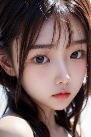 主：(((full white background))),(((Only the head enters the lens))), (Focus on the face),
人：best quality, masterpiece, ultra high res, photorealistic, 1girl, looking at viewer, raw photo, smile, close-up, Korean little girl face, Realistic skin texture, Realistic hair texture, realistic composition texture, Realistic hair texture, clear hair, korean female singer, (kim taeyeon), slol, (Kpop idol), (Kim Taeyeon's appearance), (Be very like kim Taeyeon), Beautiful bags under the eyes, (double eyelid), Showing upper arm tattoo, (accentuate the red tones of the eyes), Fine light and shadow, fine skin texture, fine hair texture, fine clothing texture, fine accessories texture, (realistic depth of light and shadow), (realistic pores:1.3), (((Tong Yan:1.5))), Pure and sweet, cute:1.3, (young face), flat nose:1, small nose:1, flawless beauty, 
優：With a very high artistic composition style,in the style of hyperrealistic paintings, 32k uhd, dark white and light white, anime art, exaggerated facial features, mural painting,HD uncensored,Round and slightly chubby face,(concealer),masterpiece,
特：xxmixgirl,Female anime manga characters, in the style of haunting portraiture, dark green and light black, uncanny valley realism, gongbi, barbizon school, shiny eyes, multilayered realism,
髮：(long hair),  (((bangs))), 