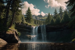 Nature:1.3, vista, waterfalls, (forest:1.3), clouds, detailed landscape, (realistic:1.2), (photorealistic:1.2), (masterpiece), intricate details, best quality, volumetric lighting, 8k, dramatic lighting, infinite focus, atmospheric lighting, artstation, high quality, fujifilm