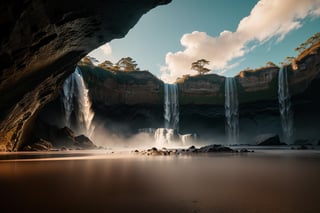 Nature:1.3, vista, waterfalls, (cave:1.3), clouds, detailed landscape, (realistic:1.2), (photorealistic:1.2), professional photo, (masterpiece), intricate details, best quality, volumetric lighting, 8k, dramatic lighting, infinite focus, atmospheric lighting, artstation, high quality, fujifilm