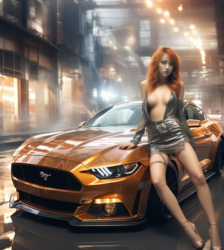 Cinematic light,hdr,magazine,(+18),high_resolution , NSFW,1 Japan girl topless,orange hair,,pencil leg,high heels,beautiful face,detail face,bare shoulders,huge breast,dynamic pose,reflection , on fashion show,
 Ford mustang made of glass and gold smoke ,
,c_car,action shot,golden liquid dress,DonMM4g1cXL ,shards
