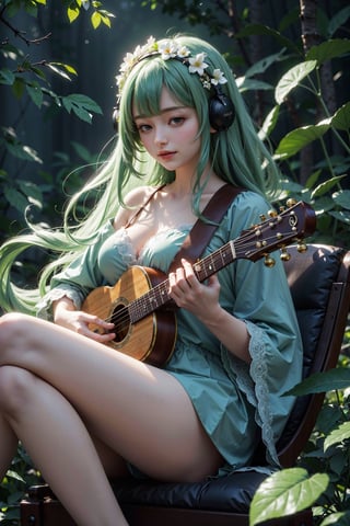 (masterpiece, best quality, highres:1.3), ultra resolution image, (1girl), (solo), kawaii, skull face,green flowing hair, long hair,huge breast, lute,cute face, musical, surrounded by music notes, (music filling the air:1.5), fantasy, harmony, melody, soft, night time, (serene background:1.3), vivid color, sitting on cloud chair ,floating on air,(magical, musical aura:1.3), smile softly, forest, leaf, bird on head, nature, sitting,assattackKEIJOpov,by hioshiru