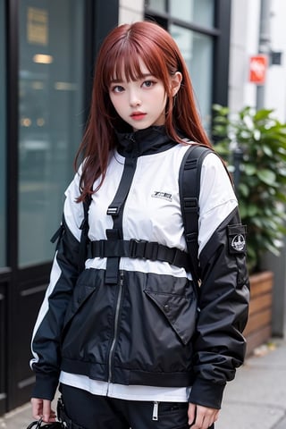 1girl,AgoonGirl ,urban techwear,Detailedface,outfit,Detailedeyes, red hair,AgoonGirl