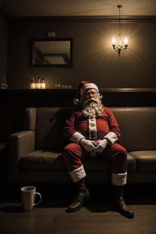 Masterpiece,ultra detail, a big fat sad santa Chris sit in empty bar, drinking hot wine, dark atmosphere , low key, deer tried and lay down on ground,