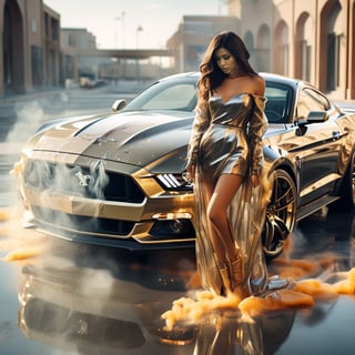 (+18) , NSFW,1 girl topless,long sweater,pencil leg,high heels,
 Ford mustang made of glass and gold smoke ,

,c_car,action shot,liquid dress,DonMM4g1cXL ,shards