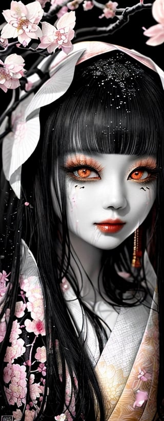 Imagine a beautiful hybrid face concubine with long black hair resembling steam in water walking near a blossoming cherrytree wearing an intricate floral kimono, work of beauty and complexity, hyperdetailed face, flowercore, awe-inspiring fantasy, 8k UHD, amber glow elements , alberto seveso style ,arcane style