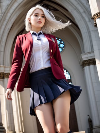 extream low angle,//Character, solo, 1girl, white hair, purple eyes,
//Fashion, school uniform, red jacket, Japhan girl,pleated skirt,detail face,chubby,large breast,red hair,flying fair,expose boots,
//Background, simple church outside background, 
//Quality, (masterpiece), best quality, ultra-high resolution, ultra-high definition, highres, intricate, intricate details, absurdres, highly detailed, finely detailed, ultra-detailed, ultra-high texture quality, natural lighting, natural shadow, dramatic shading, dramatic lighting, vivid colour, perfect anatomy, 
