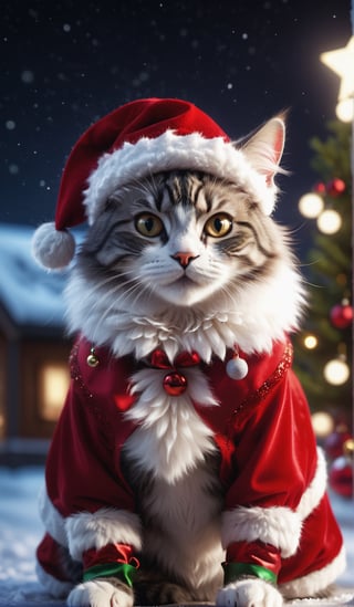 8K, Ultra-HD,realistic,photolism, Natural Lighting, Moody Lighting, Cinematic Lighting,detailed,CG,unity,extremely detailed CG,
solo,cute cat,A fluffy cat,(Wear red Christmas costume,Wearing red Christmas hat),starry sky ,snow,