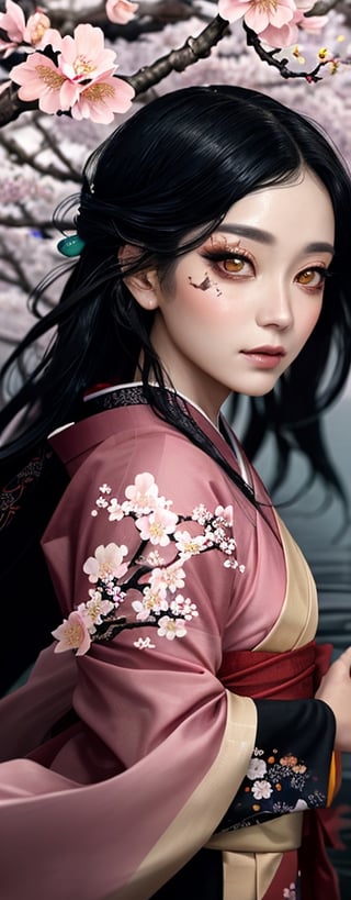 Imagine a beautiful hybrid face concubine with long black hair resembling steam in water walking near a blossoming cherrytree wearing an intricate floral kimono, work of beauty and complexity, hyperdetailed face, flowercore, awe-inspiring fantasy, 8k UHD, amber glow elements , alberto seveso style ,arcane style