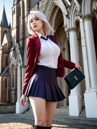 //Character, solo, 1girl, white hair, purple eyes,
//Fashion, school uniform, red jacket, Japhan girl,pleated skirt,detail face,chubby,large breast,red hair,flying fair,expose boots,
//Background, simple church outside background, 
//Quality, (masterpiece), best quality, ultra-high resolution, ultra-high definition, highres, intricate, intricate details, absurdres, highly detailed, finely detailed, ultra-detailed, ultra-high texture quality, natural lighting, natural shadow, dramatic shading, dramatic lighting, vivid colour, perfect anatomy, 

