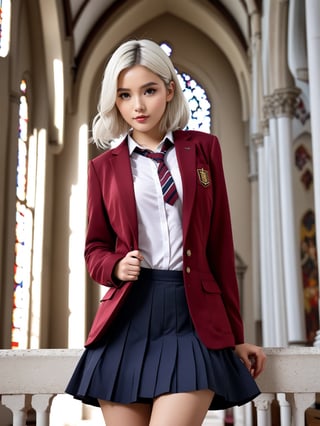 //Character, solo, 1girl, white hair, purple eyes,
//Fashion, school uniform, red jacket, Japhan girl,pleated skirt,detail face,chubby,large breast,
//Background, simple church outside background, 
//Quality, (masterpiece), best quality, ultra-high resolution, ultra-high definition, highres, intricate, intricate details, absurdres, highly detailed, finely detailed, ultra-detailed, ultra-high texture quality, natural lighting, natural shadow, dramatic shading, dramatic lighting, vivid colour, perfect anatomy, 
