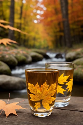 (masterpiece, best quality, ultra-detailed, finely detailed, photorealistic),focus on big realistic normal moon in middle sky, ((a glass  of half  full wiski )), a colored maple leaf falling on wood table  by a stream, in autumn, shap-focus,bokeh, high resolution, night