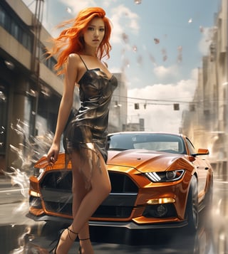 Cinematic light,hdr,magazine,(+18),high_resolution , NSFW,1 Japan girl topless,orange hair,,pencil leg,high heels,beautiful face,detail face,bare shoulders,huge breast,dynamic pose,reflection , on fashion show,
 Ford mustang made of glass and gold smoke ,
,c_car,action shot,liquid dress,DonMM4g1cXL ,shards