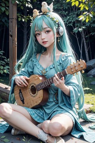 (masterpiece, best quality, highres:1.3), ultra resolution image, (1girl), (solo), kawaii, green flowing hair, long hair, lute,cute face, musical, surrounded by music notes, (music filling the air:1.5), fantasy, harmony, melody, soft, night time, (serene background:1.3), vivid color, sitting, (magical, musical aura:1.3), smile softly, forest, leaf, bird on head, nature, sitting