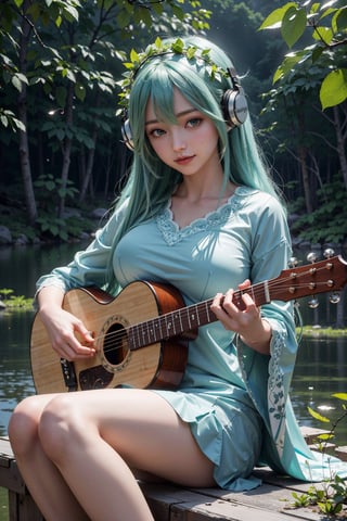 (masterpiece, best quality, highres:1.3), ultra resolution image, (1girl), (solo), sitting on chair made by cloud,in middle of lake,kawaii, green flowing hair, long hair,huge breast, lute,cute face, musical, surrounded by music notes, (music filling the air:1.5), fantasy, harmony, melody, soft, night time, (serene background:1.3),(magical, musical aura:1.3), smile softly, forest, leaf, bird on head, nature, sitting,assattackKEIJOpov,by hioshiru