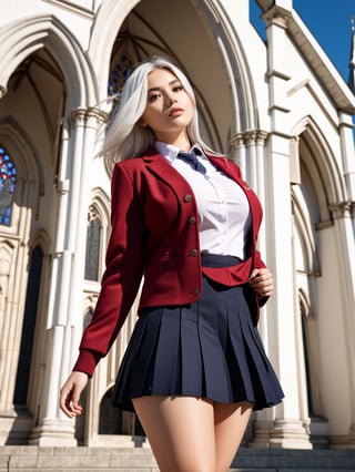 //Character, solo, 1girl, white hair, purple eyes,
//Fashion, school uniform, red jacket, Japhan girl,pleated skirt,detail face,chubby,large breast,red hair,flying fair,
//Background, simple church outside background, 
//Quality, (masterpiece), best quality, ultra-high resolution, ultra-high definition, highres, intricate, intricate details, absurdres, highly detailed, finely detailed, ultra-detailed, ultra-high texture quality, natural lighting, natural shadow, dramatic shading, dramatic lighting, vivid colour, perfect anatomy, 
