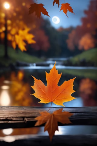 (masterpiece, best quality, ultra-detailed, finely detailed, photorealistic), ((a glass od wiski )), a colored maple leaf falling on wood table  by a stream, in autumn, shap-focus, bokeh, high resolution,big  moon on middle  at night,twilight ,