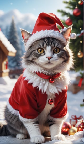 8K, Ultra-HD,realistic,photolism, Natural Lighting, sunny day, Cinematic Lighting,detailed,CG,unity,extremely detailed CG,
solo,cute cat,A fluffy cat,(Wear red Christmas costume,Wearing red Christmas hat) ,snow,outdoor,