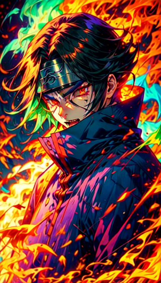 Madara uchiha wearing uchiha clan outfit, scar on his left eye, black bob cut hair, wearing a headband, in center, looking left side, parted lips, open mouth , detailed teeth, screaming ,RED FIRE GREEN FIRE BLUE FIRE PURPLE FIR