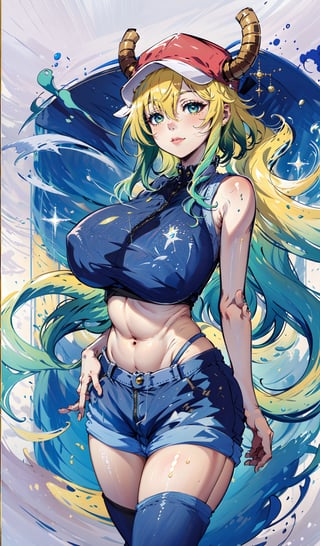 (masterpiece), best quality, expressive eyes, perfect face, high res 1.2, absuredres 1.2, high quality, best quality,
Solo lucoa, blonde hair, blue hair, dragon girl, gradient hair, green hair, hair between eyes, horns, horns through headwear, (huge breasts:1.2), covered navel, short shorts, denim shorts, denim, shorts,glitter