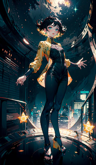 (masterpiece), best quality, expressive eyes, perfect face, high res 1.2, absuredres 1.2, high quality, best quality,
Solo standing pose, standing on a skyscraper, starry sky, levitating hair, in center, full body,(buttercup)