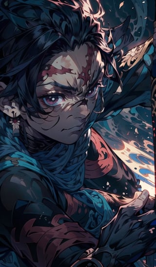 best quality, high quality, 1boy, solo, male focus, looking at viewer, upper body, , kamado_tanjirou, 1male, 16k, hd, detailed, futuristic, masterpiece, katana, samurai, detailed face, complex_background, no_humans, detailed face, beautiful detailed eyes), High contrast, (best illumination, an extremely delicate and beautiful), dynamic pose, warzone, ((holding dark sword with two hands, katana)),kamado_tanjirou,zhongfenghua