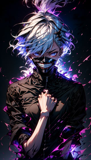 Ken kaneki wearing black clothes, black and white hair, detailed hair, dark background, 