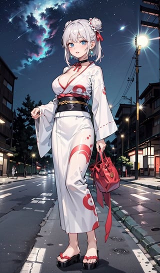 Solo girl wewring a Japanese traditional white kimono with Damascus print , long silver hairz blue eyes, standing in middle of road, light poles around her, luminous light poles, tridiagonal japanese festival, night time starry sky, full moon, hair buns, large breast, full body, looking at viewer, cleavage, in center, pink lips, black_earrings, red ribbon around her neck ,yofukashi background