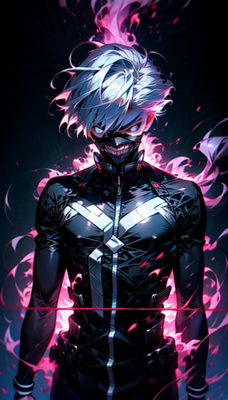 Ken kaneki wearing black clothes, black and white hair, detailed hair, dark background, 