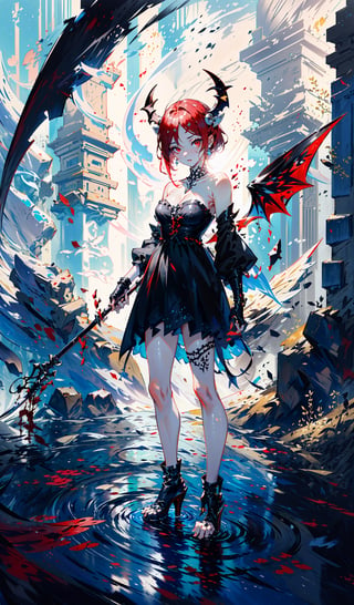 (masterpiece), (absurdres), (best quality), (intricate details:1.2)
(masterpiece), (absurdres), (best quality), (intricate details:1.2)
Solo (Angel of death0.8) wearing a black and yellow short strapless dress, detached sleeves, long fingerless gloves, holding a scythe, (scythe0.8)short hair, hair on forehead, (Demon wings1.2), black wings, long wings, red long horns on forehead, masterpiece, best quality, absurdres, high_resolution, damped sunlight, natural reflection, red eyes, simple background, full body, in center, perfect face, perfect eyes, expressive face, perfect lightining, standing on blood floor, ripple effect in blood, wewring black long heels, thigh ornament , no_humans,