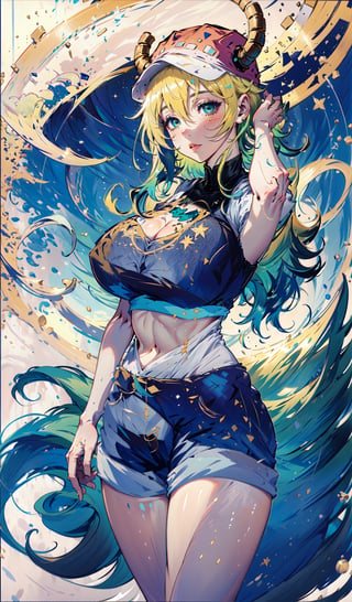 (masterpiece), best quality, expressive eyes, perfect face, high res 1.2, absuredres 1.2, high quality, best quality,
Solo lucoa, blonde hair, blue hair, dragon girl, gradient hair, green hair, hair between eyes, horns, horns through headwear, (huge breasts:1.2), covered navel, short shorts, denim shorts, denim, shorts,glitter