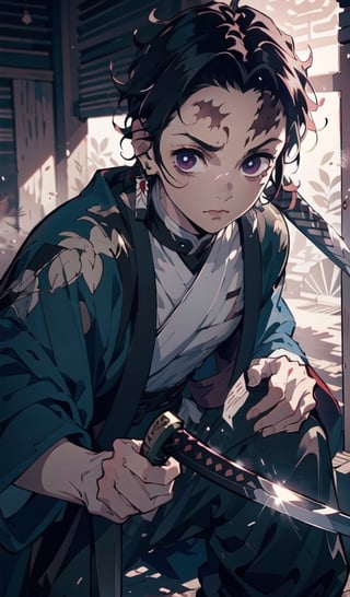 best quality, high quality, 1boy, solo, male focus, looking at viewer, upper body, , kamado_tanjirou, 1male, 16k, hd, detailed, futuristic, masterpiece, katana, samurai, detailed face, complex_background, no_humans, detailed face, beautiful detailed eyes), High contrast, (best illumination, an extremely delicate and beautiful), dynamic pose, warzone, ((holding dark sword with two hands, katana)),kamado_tanjirou,zhongfenghua full body,dapped sunlight, realistic shadows 