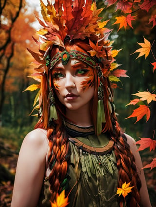 Druid, (autumn, autumn leaves), orange hair, green eyes, nature, forest, witchcraft, , Strong and vibrant colors 64k, variation-imagine --s2,cibertribal