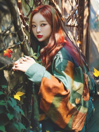 Druid, (autumn, autumn leaves), orange hair, green eyes, nature, forest, witchcraft, , Strong and vibrant colors 64k, variation-imagine --s2,cibertribal,1girl,gahyeon,hyelin