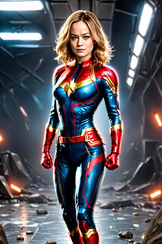 (Beautiful brie larson with captain marvel suit ), (stance pose ready to fight with punch hands), perfect anatomy, (creative background, intricated background), dark and gothic theme, hyper-detailed, intricated, high_res, (intricated details:1.2),cyberpunk style, ,detailmaster2,photo r3al