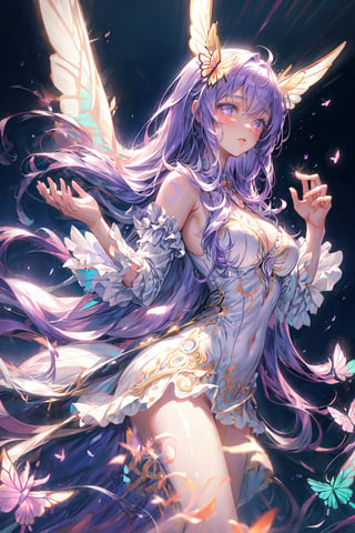 masterpiece, 1 girl, Extremely beautiful woman, looking up, standing in a lake with very large glowing lavender butterfly wings, glowing hair, long cascading hair, neon hair, ornate lavender and white butterfly dress, twilight, raining, lots of glowing butterflies flying around, full lips, hyperdetailed face, detailed eyes, dynamic pose, cinematic lighting, pastel colors