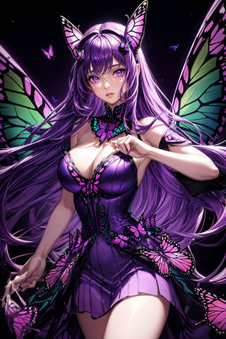 masterpiece, 1 girl, Extremely beautiful woman standing in a glowing lake with very large glowing purple butterfly wings, glowing hair, long cascading hair, neon purple hair, ornate purple and white butterfly dress, twilight, lots of glowing butterflies flying around, full lips, hyperdetailed face, detailed eyes, dynamic pose, cinematic lighting