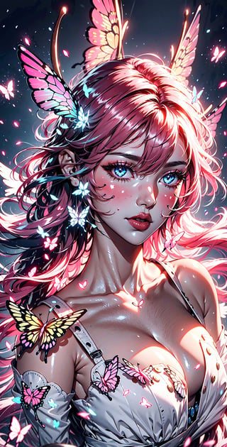 masterpiece, 1 girl, Extremely beautiful woman standing in a glowing lake with very large glowing pink butterfly wings, glowing hair, long cascading hair, neon hair, ornate pink and white butterfly dress, midnight, lots of glowing butterflies flying around, full lips, hyperdetailed face, detailed eyes