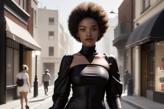 A black gril with afro walking inner city street