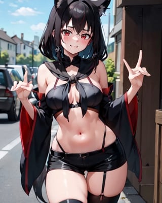 1girl, cowboy shot, (fox shadow puppet), (kurokami, black hair, black shirt), short shorts, detached sleeves, [[midriff peek]], red eyes, red neckerchief, thigh strap, single thighhigh, seductive smile, milf, tall, mature female (lora:fubuki-10:1) (lora:noise offset:1), short_aside, cum