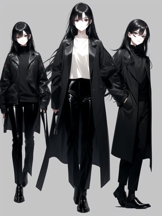 (simple light color background,with shine enviourment),only 1 anime girl,full front body,black eye, open black long hair,big eye,black inner top,marron long jacket,black fit pant,black chelsea boots shoe,shiny smily face