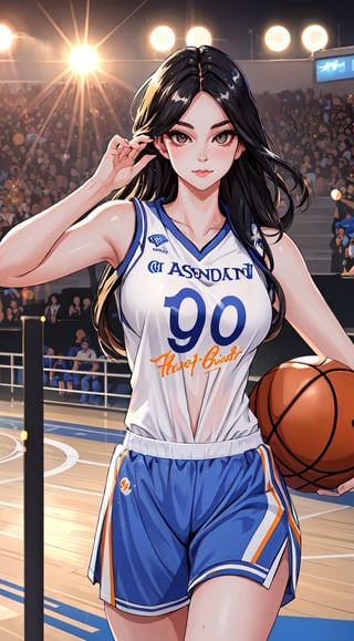 8k, Best Quality, Masterpiece: 1.2), (Realistic, Photorealistic: 1.37), Super Detailed, Best Quality, Super High Resolution, Professional Lighting, Photon Mapping, Radiosity, Physically Based Rendering, Cinematic Lighting , basketball court, depth of field, focus, sun rays, good composition, (bokeh: 1.2), 1 girl, (whole body), (closed mouth), beautiful eyes, pose, constriction, basketball uniform, black hair , messy hair, long hair blowing in the wind,(ulzzang-6500:1.2) mix4, hiqcgbody, large breasts, a littel sexy outfits
