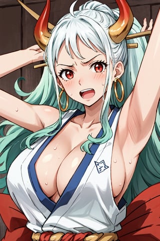 yamato\(one piece), hair ornament, kimono, sweat, oni, earrings, Japanese clothing, 1girl, hoop earrings, open mouth, armpits, sleeveless, hair rod, silver hair with green tips, facing the viewer, upper body, red eyes, solo, curly horns, horns, arms up, sideboob, green hair, neckline, sleeveless kimono, long hair, jewelry, big breasts, blush, red horns, collarbone