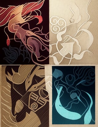 a series of four illustrations depicting the four original bending masters, beautiful avatar pictures, sigils, mtg art style, flying mythical beasts, mythical creatures, [[fantasy]], detailed fanart, from top left and [[in a circle]], [[red chinese dragon with fire element - red]], [[white bison with air elema series of four illustrations depicting the four original bending masters, beautiful avatar pictures, sigils, mtg art style, flying mythical beasts, mythical creatures, [[fantasy]], detailed fanart, from top left and [[in a circle]], [[red chinese dragon]] with fire element - red, [[white bison]] with air element - white, [[two blue koi fish encircling each other]] with water element, blue, [[green badger]] with earth element, green, with the spirit of light in the middle all on a parchment or scroll background with symbols for earth, air, fire and water in Asian characters., full color illustration, full art, with background ancient parchment or scroll,no_humans, circleframe, sceneryent - white]], [[two blue koi fish encircling each other with water element, blue]], [[green badge with earth element, green]], with the spirit of light in the middle all on a parchment or scroll background with symbols for earth, air, fire and water in Asian characters., full color illustration, full art, with background ancient parchment or scroll, no_humans, circleframe, scenery, the legend of korra, bright, rich colors,the legend of korra,circleframe