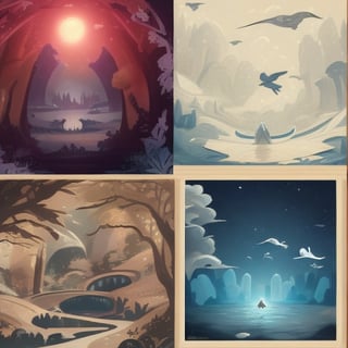 a series of four illustrations depicting the four original bending masters, elements of the the avatar cycle, fire, air, water, earth, beautiful avatar pictures, sigils, mtg art style, flying mythical beasts, mythical creatures, [[fantasy]], detailed fanart, from top left and [[in a circle]], [[red chinese dragon]], [[white bison]], [[two blue koi fish encircling each other]], [[green badger]], with the spirit of light in the middle all on a parchment or scroll background with symbols for earth, air, fire and water in Asian characters., full color illustration, full art, with background ancient parchment or scroll,no_humans,circleframe