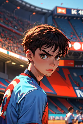 (best quality, masterpiece), 1boy, soccer jersey, blue and red soccer jersey (1.5), psg jersey, brown eyes, very muscular body (1), bald (1.5), serious face, dynamic pose, active pose, looking at viewer, football stadium background, blurry background, upper body, contemporary, dress